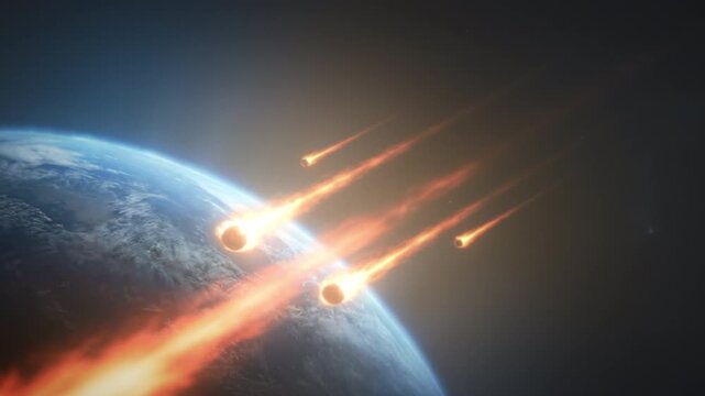 Sky erupts with blazing fireballs. Planet under threat from burning celestial bodies. Earth confronts imminent onslaught of glowing meteors capable of causing destruction