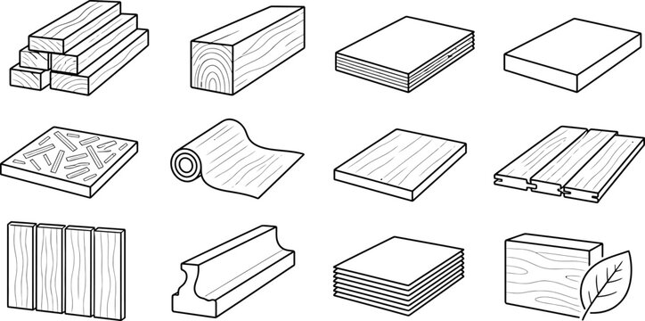Wood lumber and timber icons set, construction materials collection, 12 carpentry line art vectors for building and woodworking
