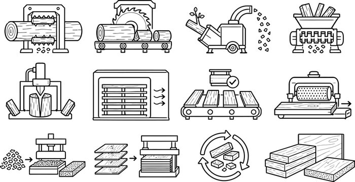 Lumber industry machinery icons, 12 woodworking process vector illustrations, timber manufacturing and sawmill equipment set