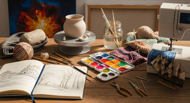 Variety of creative hobbies and artisanal craft tools on a wooden table