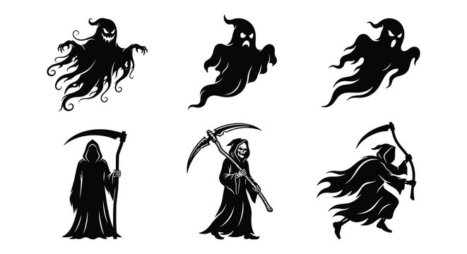 Black vector silhouettes of grim reapers and ghostly figures