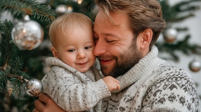 Child decorating holiday Christmas tree, Cozy family decorating together during holiday season, Warm family moment as young child reaches for shiny holiday ornament