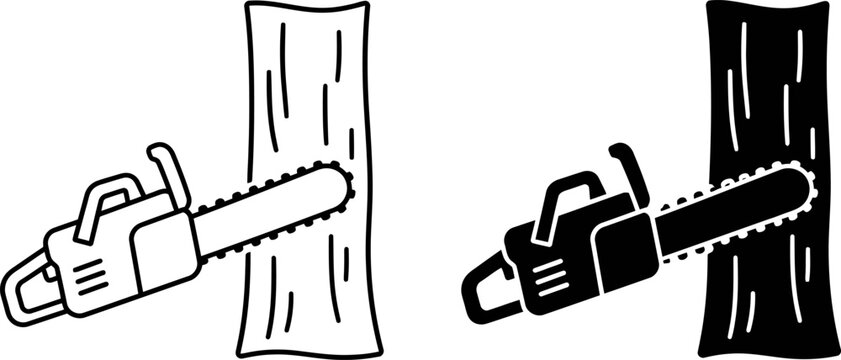 Chainsaw cutting tree trunk vector icons. Black and white lumberjack equipment silhouettes. Forestry and woodcutting industry symbols.