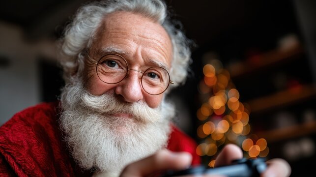 Elderly man joyfully plays games, Happy older gentleman engaged in seasonal gaming festivities, Elderly Caucasian man immersed in cheerful holiday video game entertainment