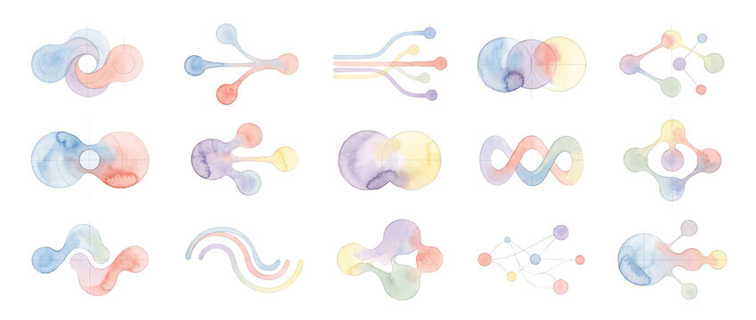 Abstract watercolor technology icons set featuring pastel connection nodes flowcharts logo templates data science symbols infographics isolated on black background for modern minimalist brand design.