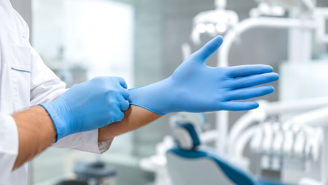 Dentist putting on blue protective gloves in modern dental clinic for hygiene and infection control