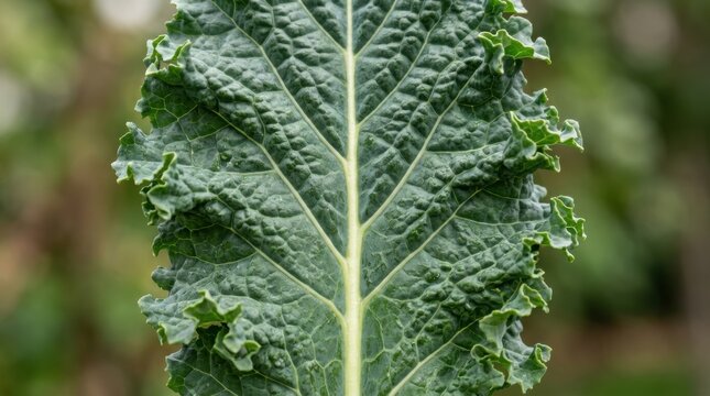 Close-up of a dark green Tuscan kale leaf with a pale central vein