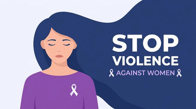 Stop Violence Against Women Concept with Woman Illustration and Awareness Ribbon