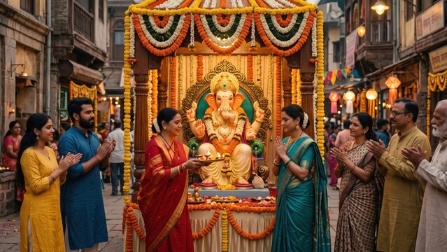Ganesh Aarti in Old City Neighborhood &ndash; Traditional Indian Community Celebration.