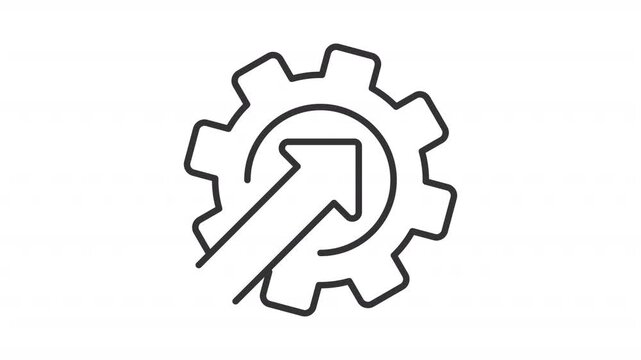 System integration outline animation. Arrow in cogwheel animated icon. Cogwheel with rising arrow. Technology development. Continuous process. Flat line motion graphic loop on transparent white