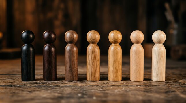 Set of Seven Wooden Peg Dolls in Graduated Natural Wood Tones