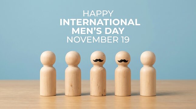 International Men's Day Concept with Wooden Peg Dolls and Mustaches