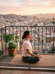 Fototapeta premium Woman meditating in lotus pose on balcony mat overlooking cityscape at sunrise, outdoor urban meditation and mindful morning routine with potted plant