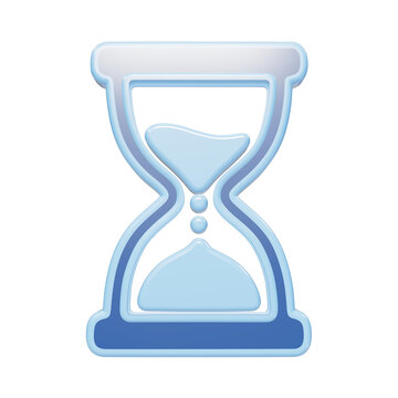 A glossy 3D icon of an hourglass with light blue sand flowing between bulbs, rendered with a smooth rounded style on a transparent background isolated on a transparent background