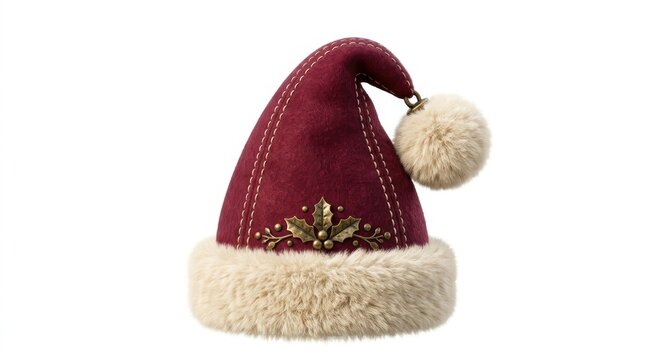 Burgundy santa hat with faux fur trim, decorative holly, and pompom, isolated on white background