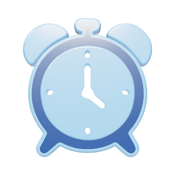 A glossy 3D icon of an alarm clock with a light blue face and dark blue hands, rendered with a smooth rounded style on a transparent background isolated on a transparent background