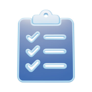 A glossy 3D icon of a clipboard with three checkmarks, rendered with a smooth rounded style on a transparent background isolated on a transparent background