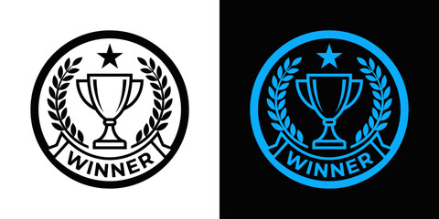 Naklejka premium Winner trophy emblem with laurel wreath and star icon set on white and black background