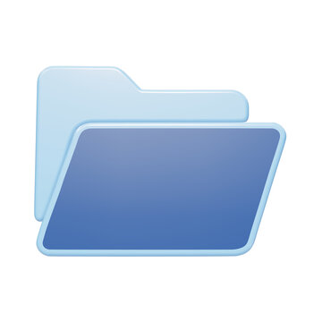 A 3D rendered icon of a blue file folder, featuring a smooth glossy finish, presented on a clean white background, for digital interface applications isolated on a transparent background