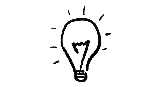 Lightbulb Idea Doodle Brush &ndash; Thick Black Outline Lit Light Bulb with Radiating Rays, Simple Scribbled Hand-Drawn Concept Icon for Adobe Photoshop and Illustrator