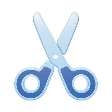 A 3D rendered icon of a pair of blue scissors, featuring a smooth glossy finish, presented on a clean white background, for digital interface applications isolated on a transparent background