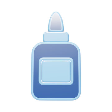 A 3D rendered icon of a blue glue bottle, featuring a smooth glossy finish, presented on a clean white background, for digital interface applications isolated on a transparent background