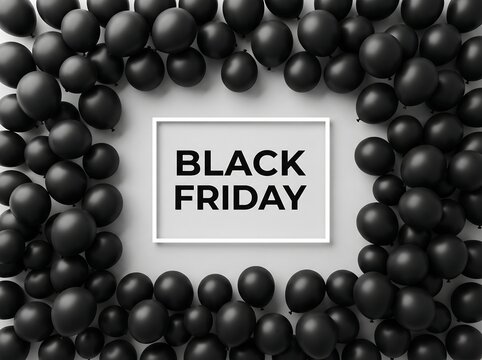 Black friday sale sign surrounded by many matte black balloons on gray background