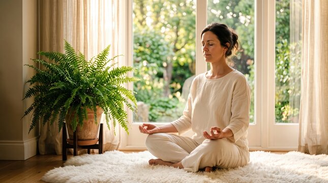 Middle aged woman meditating cross legged on fluffy rug by french doors with lush outdoor view and large fern, practicing mindful breathing for inner calm and balance