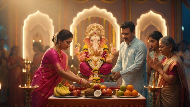 Ganesh Chaturthi Puja Offering &ndash; Indian Couple at Decorated Ganesh Pandal.
