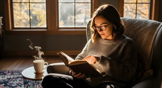 Young woman reads book in cozy armchair, enjoying warm light and coffee