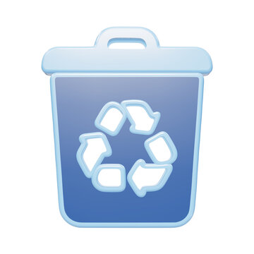 A 3D rendered icon of a blue trash bin with a recycling symbol, featuring a smooth glossy finish, presented on a clean white background, for digital use isolated on a transparent background