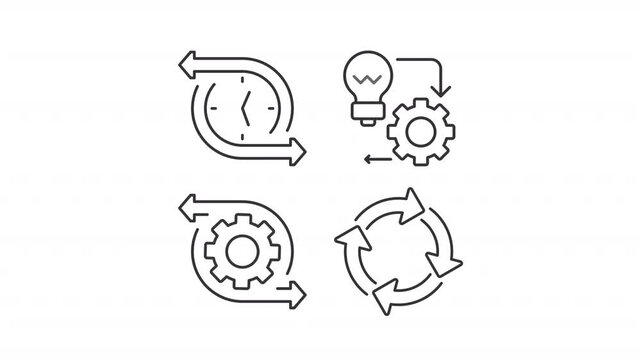 Continuous process optimization outline animation set. Digital tool usage animated icons. Improving workflow of software development. Flat line motion graphics loop on transparent white