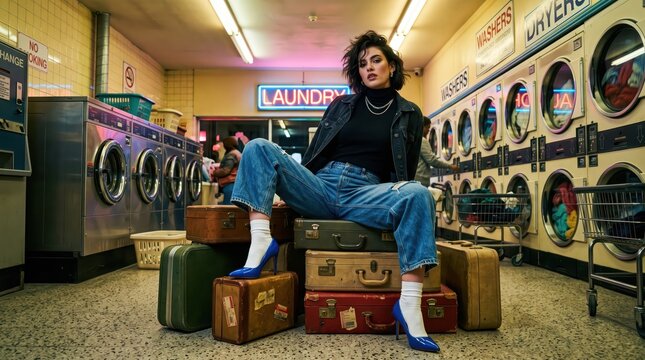 Young woman seated on stacked suitcases inside retro laundromat posing confidently in denim and heels, urban night setting with neon signage and vintage machines, travel lifestyle portrait