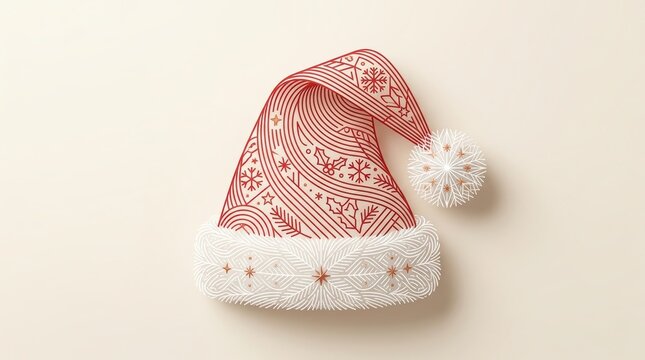 Creative 3d paper cut style santa claus hat decorated with intricate holiday patterns and snowflakes on soft cream background