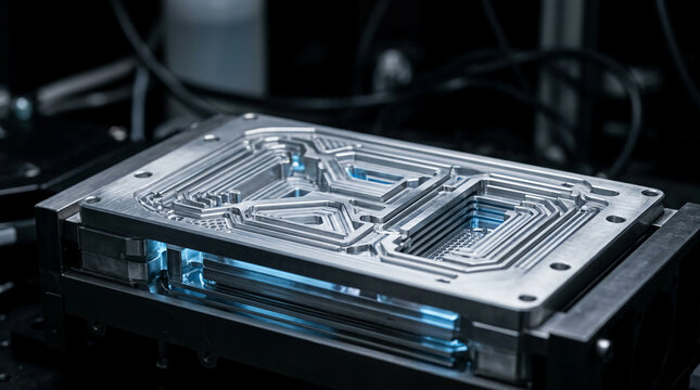 High-precision metal injection mold for industrial manufacturing in a dark automated factory with glowing blue light effect representing advanced engineering and CNC machining technology