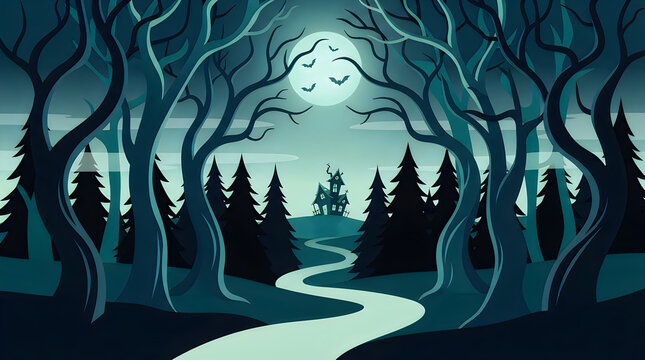 Spooky haunted house in a dark forest with a full moon and a winding path at night illustration