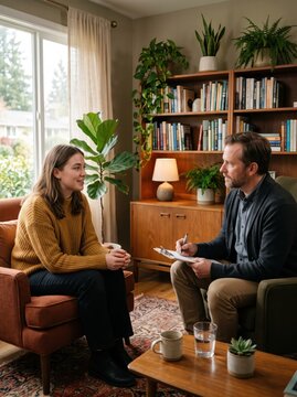 Woman and male therapist in cozy living room counseling session, seated facing each other with notepad, warm home office setting and supportive mood