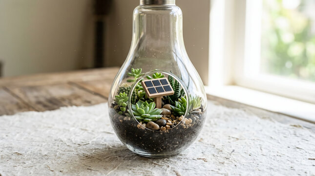 Small Glass Light Bulb Terrarium Featuring Miniature Succulent Plants And A Solar Panel Decoration Placed On A Rustic Tabletop Near A Window For Sustainable Eco Friendly Home Decor