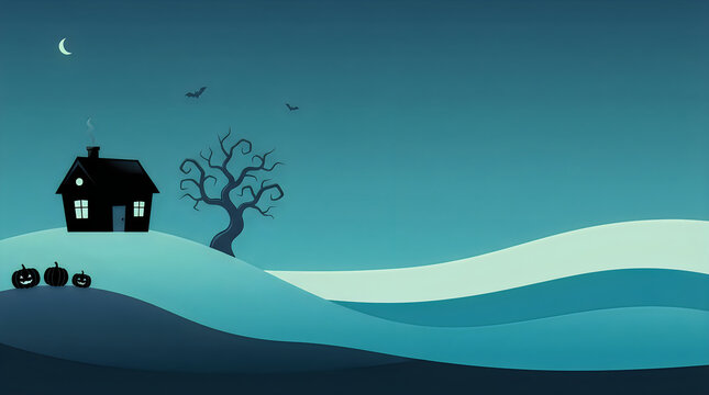 Spooky haunted house with pumpkins and a bare tree on a dark blue night hill for halloween illustration