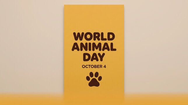 World animal day poster with date october 4 on vertical yellow card against neutral wall, paw icon and clean minimal awareness design for event promotion