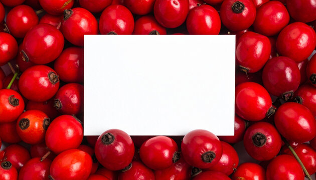 Blank white card mockup on red rose hips background for autumn greeting, copy space.