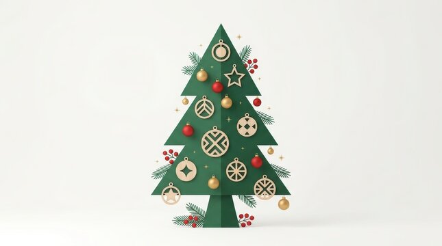 Minimalist 3d papercut christmas tree with golden and red ornaments isolated on white background