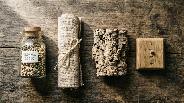 Eco friendly home concepts with organic seeds in glass jar rolled natural linen fabric textured tree bark and wooden light switch on rustic wooden table flat lay composition