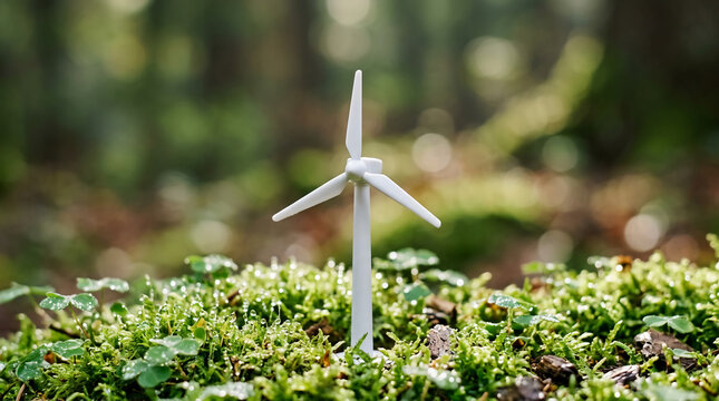 Miniature white wind turbine model resting on lush green moss in forest background showcasing sustainable clean energy, environmental conservation and green power concept