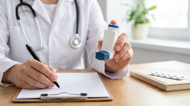 Doctor holds inhaler and writes prescription on clipboard with pills nearby, showing asthma treatment consultation