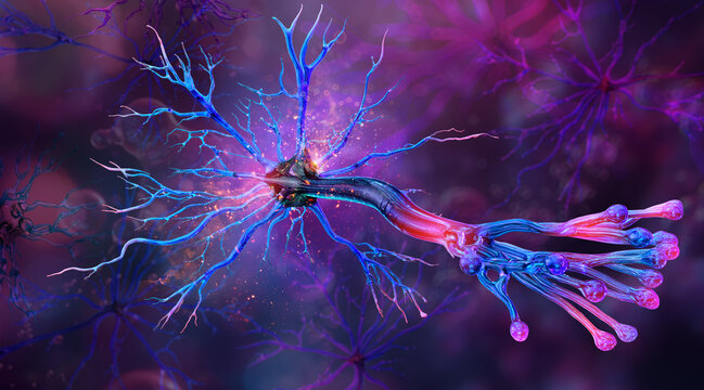 Neuron neuroscience neural brain cell with branching dendrites, axon and synaptic terminals illustrating neural communication, neurobiology and brain research. Synaptic transmission, neuroplasticity