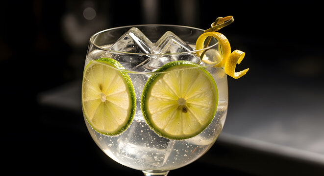 Refreshing gin and tonic cocktail with fresh lime, ice, and lemon zest