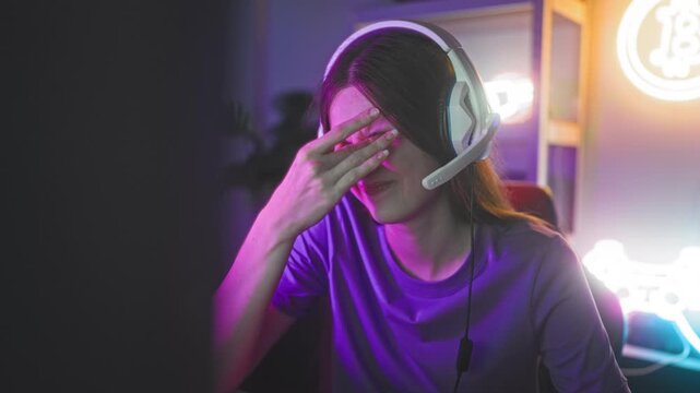 Woman wearing headset rubs her eye and covers face while gaming at a neon lit studio desk, looking tired and strained; frustration fatigue.