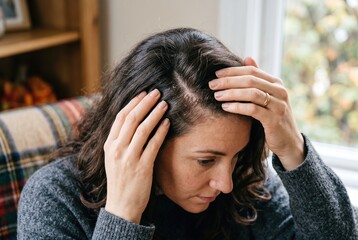 Fototapeta premium A woman with curly hair sits inside a cozy room. She looks down and touches her head. The bright autumn colors are visible through the window. She seems deep in thought