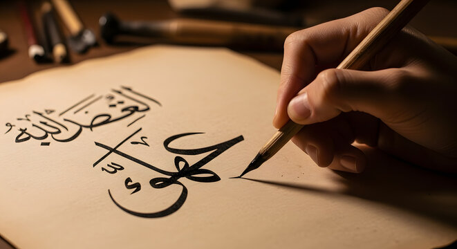 Traditional arabic calligraphy writing on aged paper with a bamboo pen